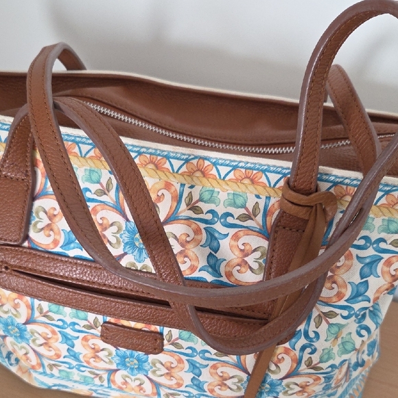 Brighton Floral Blue, Brown & Cream Tote w/leather straps & Zip Closure - Picture 4 of 16